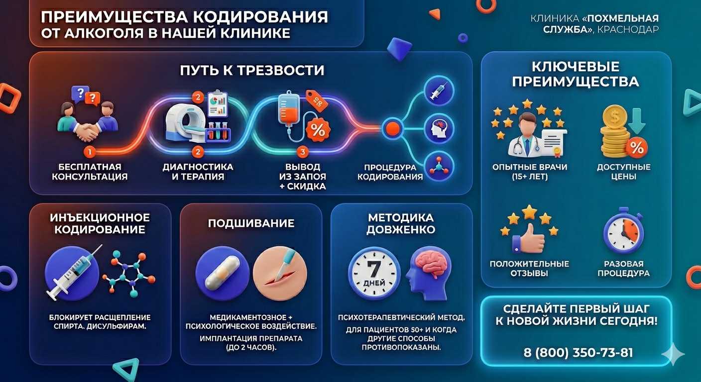 Инфографика о методах кодирования от алкоголя в Большие Вязёмы: инъекции, подшивание, метод Довженко. Преимущества клиники и этапы лечения.