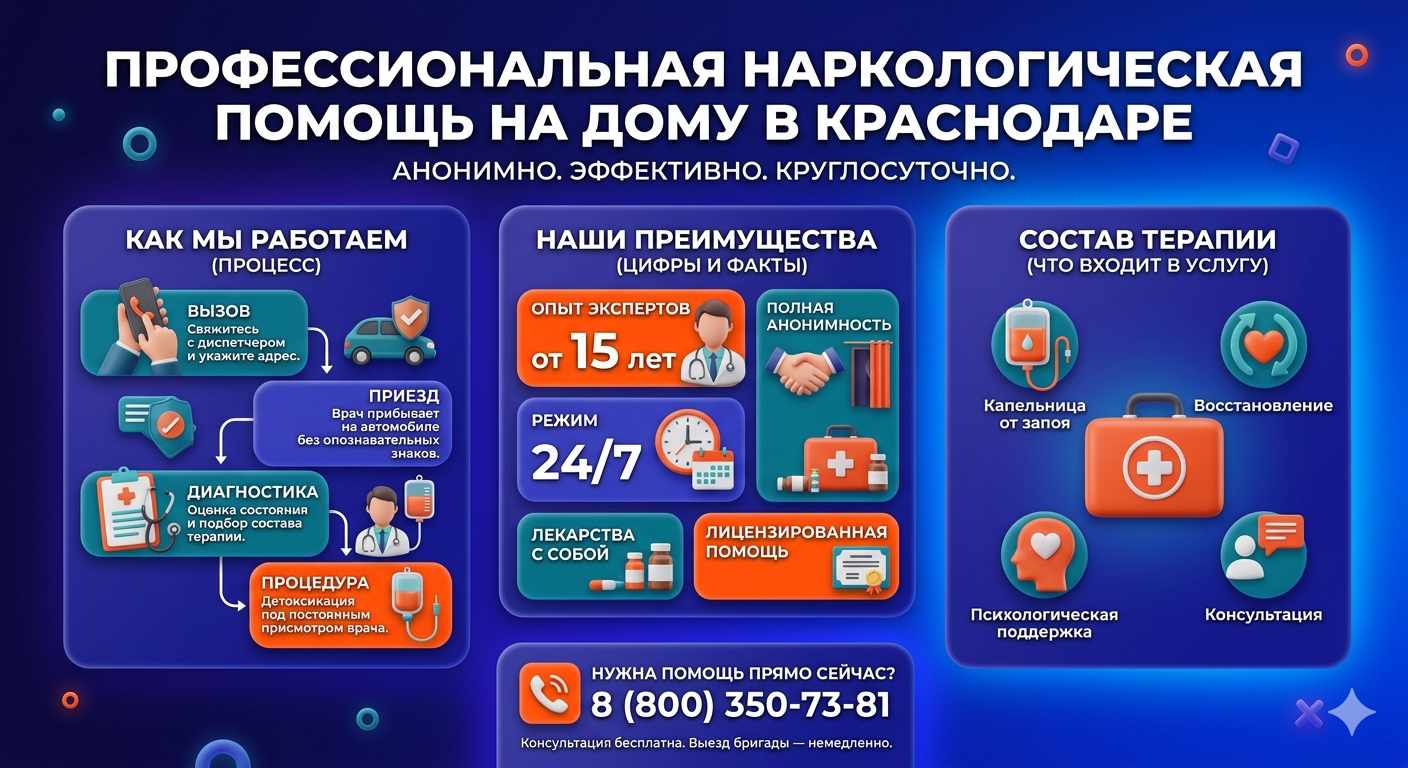 Инфографика о принципах лечения алкоголизма на дому в Большие Вязёмы: этапы вызова нарколога, преимущества анонимной детоксикации и состав медицинской помощи.